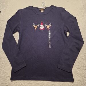 M & C Sportswear women's size Large navy long sleeve Christmas holiday shirt NEW